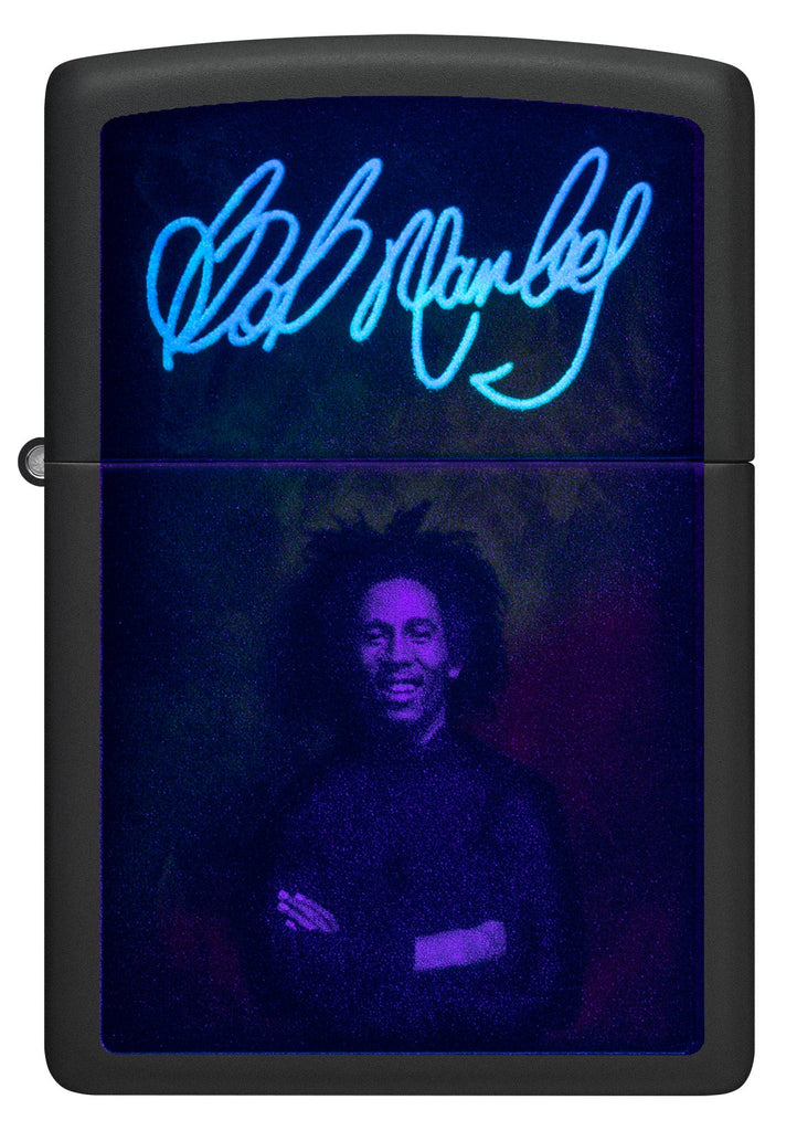 Front view of Zippo Black Light Bob Marley Design Black Matte Windproof Lighter glowing.