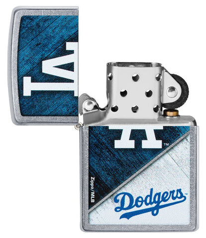 MLB™ Los Angeles Dodgers™ Street Chrome™ Windproof Lighter with its lid open and unlit.