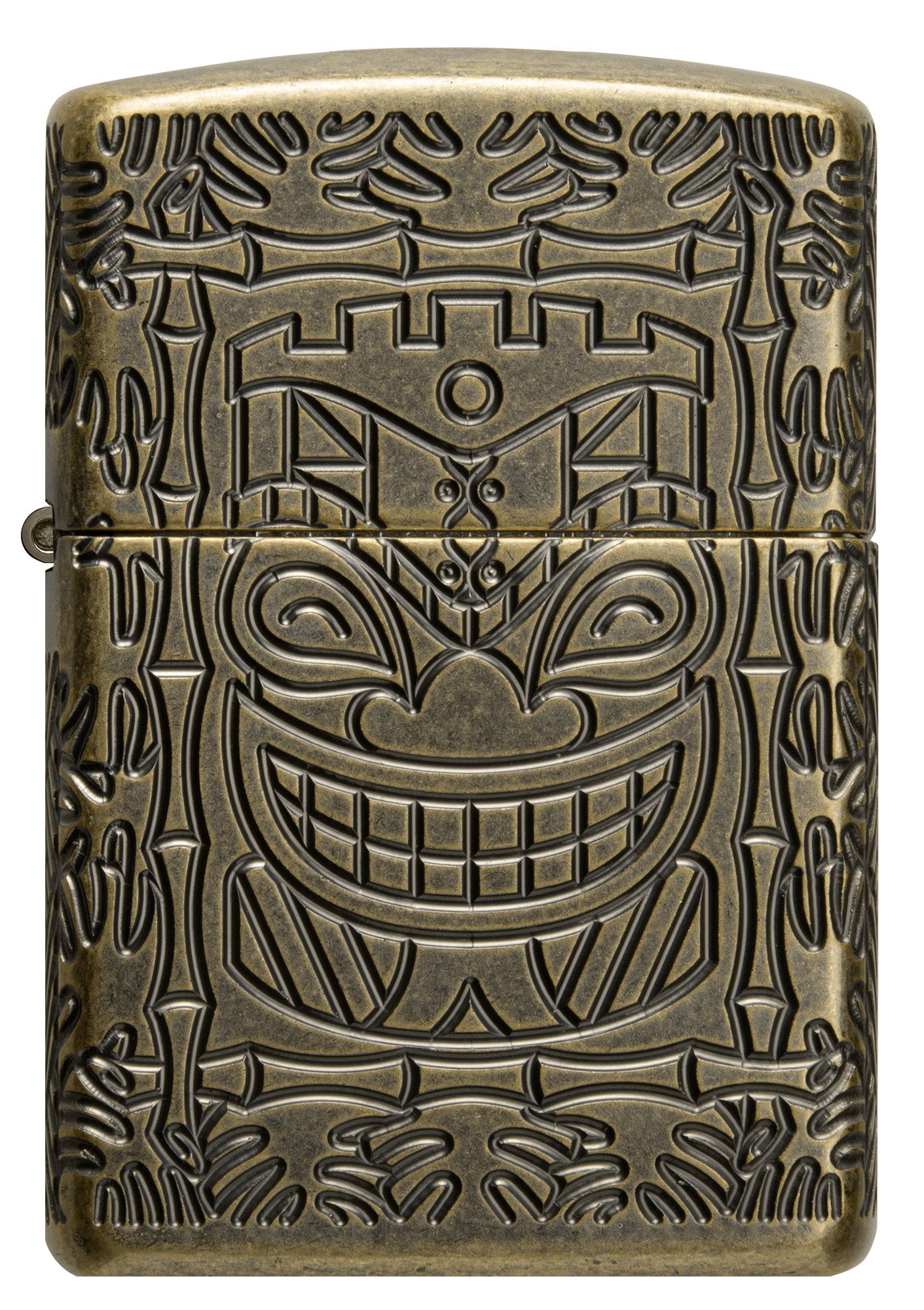 Front shot of Tiki Design ArmorÂ® Antique Brass Windproof Lighter.
