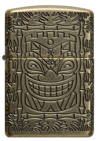 Front shot of Tiki Design ArmorÂ® Antique Brass Windproof Lighter.