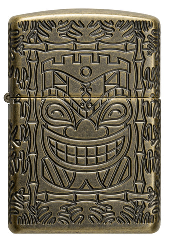 Front shot of Tiki Design Armor® Antique Brass Windproof Lighter.