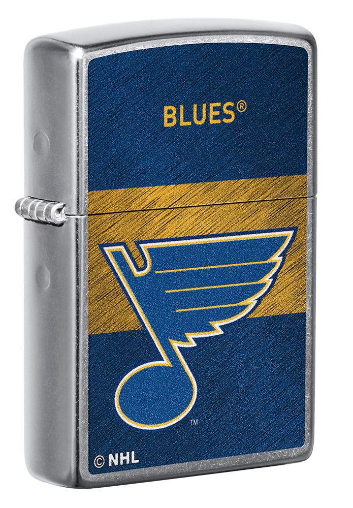 Front shot of NHL® St Louis Blues Street Chrome™ Windproof Lighter standing at a 3/4 angle