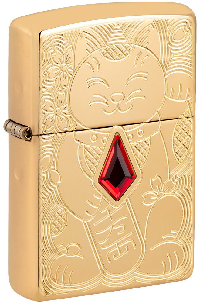 Front shot of Lucky Cat Design Emblem Attached Armor® High Polish Brass Windproof Lighter standing at a 3/4 angle.