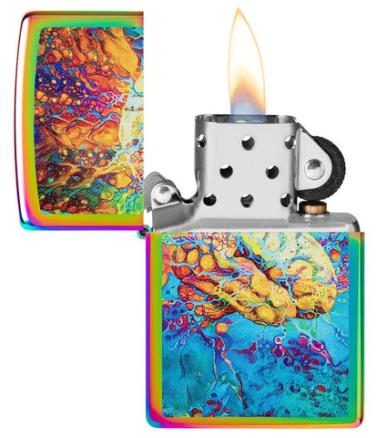 Psychedelic Brain Design Multi Color Windproof Lighter with its lid open and lit.
