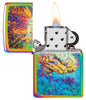Psychedelic Brain Design Multi Color Windproof Lighter with its lid open and lit.