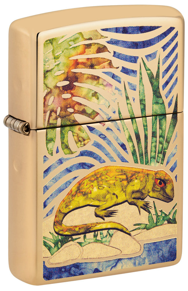 Front shot of Lizard Fusion High Polish Brass Windproof Lighter standing at a 3/4 angle