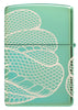 Snake Design High Polish Green Windproof Lighter with its lid open and unlit.