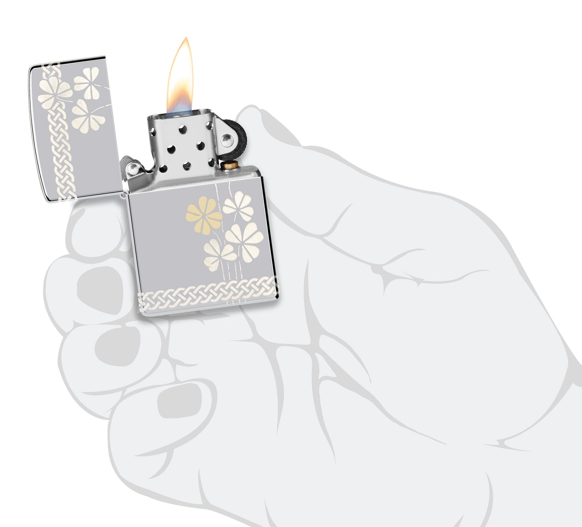 Zippo Laser 360Â° Clover Design High Polish Chrome Pocket Lighter lit in hand.