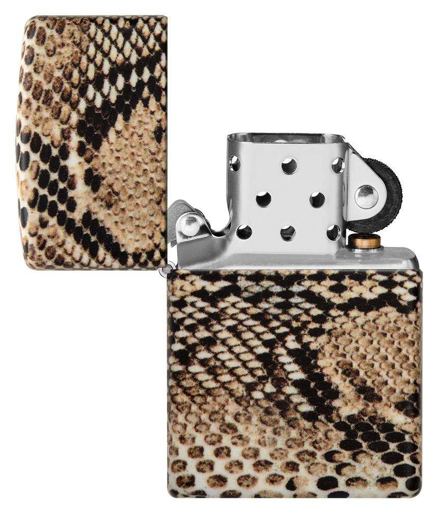 Snake Skin 540 Color Windproof Lighter with its lid open and unlit.
