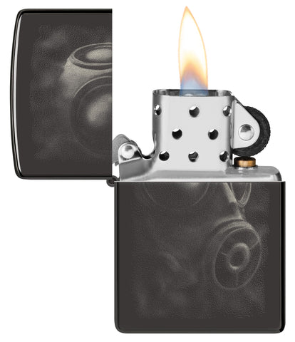 Zippo Gas Mask Design High Polish Black Pocket Lighter with its lid open and lit.
