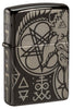 Front view of Occult Design High Polish Black Windproof Lighter standing at a 3/4 angle.
