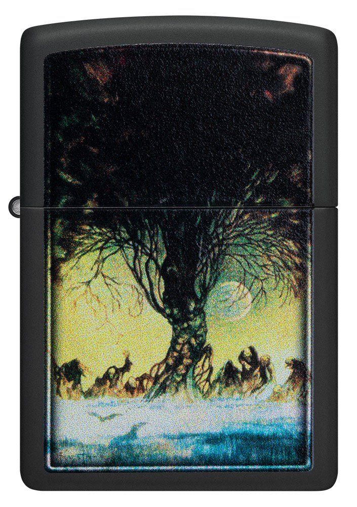 Front shot of Frank Frazetta Tree Design Black Matte Windproof Lighter.