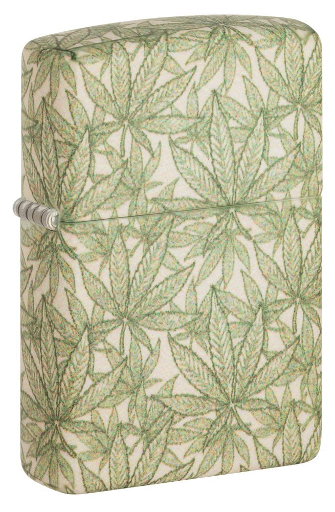 Front shot of Cannabis Design 540 Color Leaves Windproof Lighter standing at a 3/4 angle.