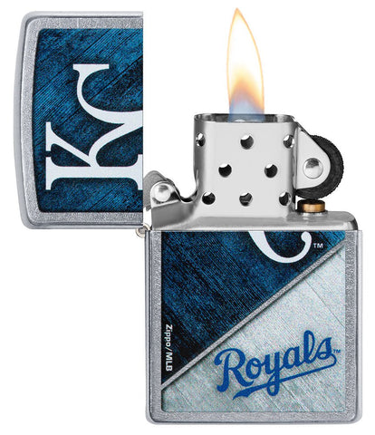 MLB® Kansas City Royals™ Street Chrome™ Windproof Lighter with its lid open and lit.