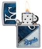 MLB® Kansas City Royals™ Street Chrome™ Windproof Lighter with its lid open and lit.