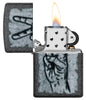 Graffiti Peace Design Iron Stone Windproof Lighter with its lid open and lit