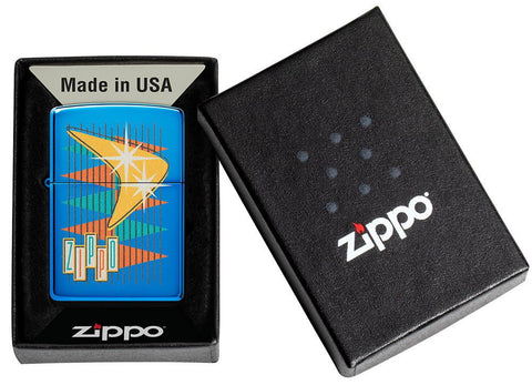 Retro Zippo Design High Polish Blue Windproof Lighter in its packaging.