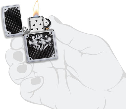 Harley-DavidsonÂ® Satin Chrome Windproof Lighter lit in hand