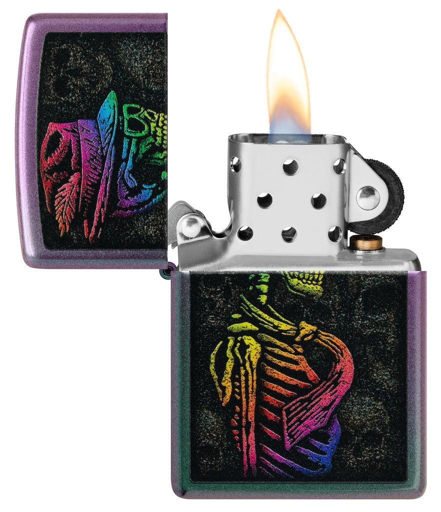 Colorful Skull Design Iridescent Windproof Lighter with its lid open and lit.
