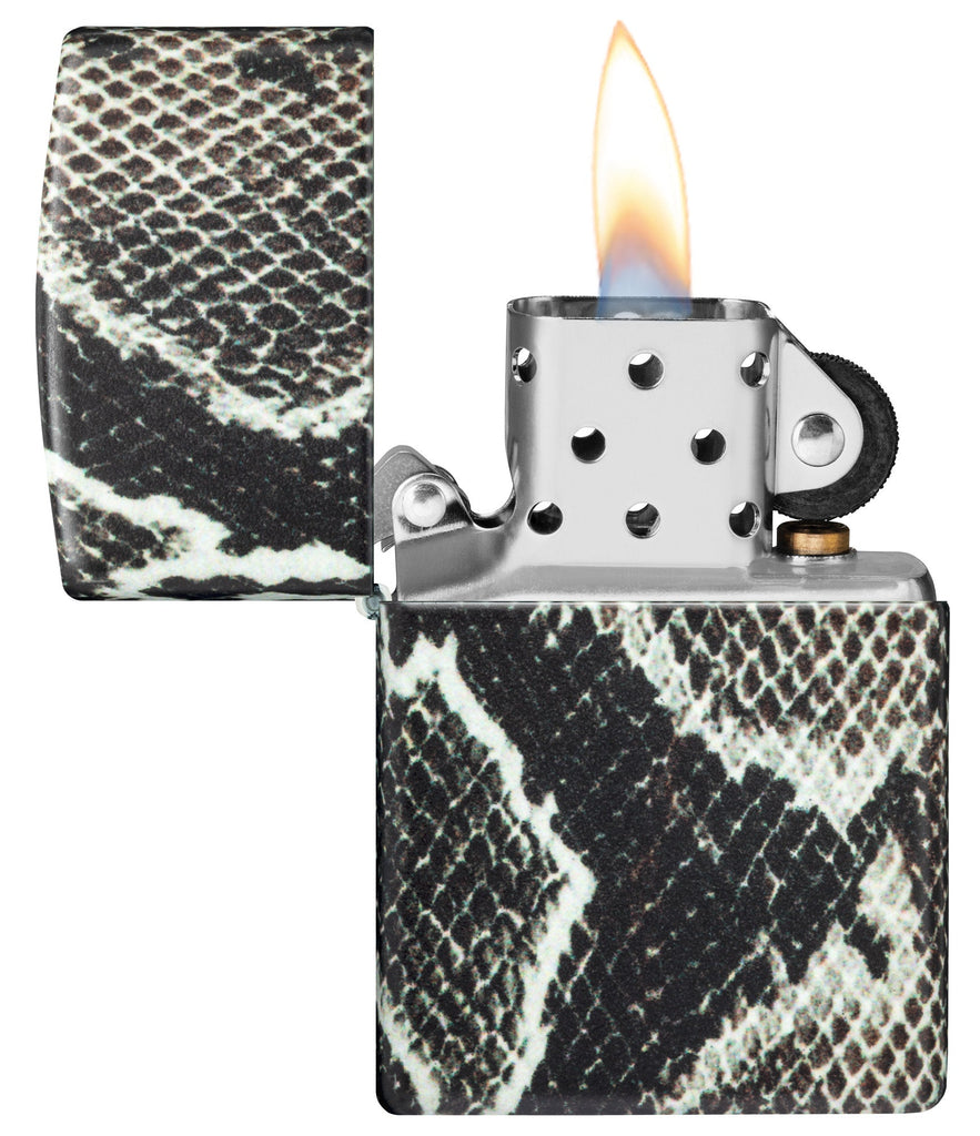 Snake Skin Design 540 Color Windproof Lighter with its lid open and lit.