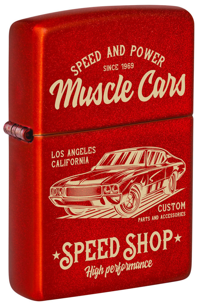 Front shot of Zippo Muscle Car Design Metallic Red Windproof Lighter standing at a 3/4 angle.