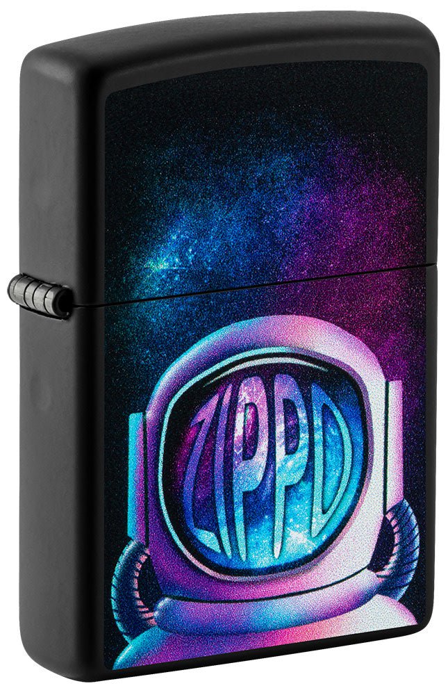 Front shot of Zippo Astronaut Design Black Matte Windproof Lighter standing at a 3/4 angle.