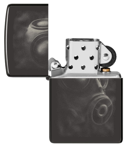 Zippo Gas Mask Design High Polish Black Pocket Lighter with its lid open and unlit.