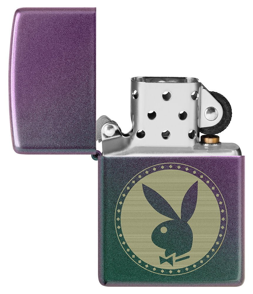 Playboy Engraved Rabbit Head Iridescent Windproof Lighter with its lid open and unlit.