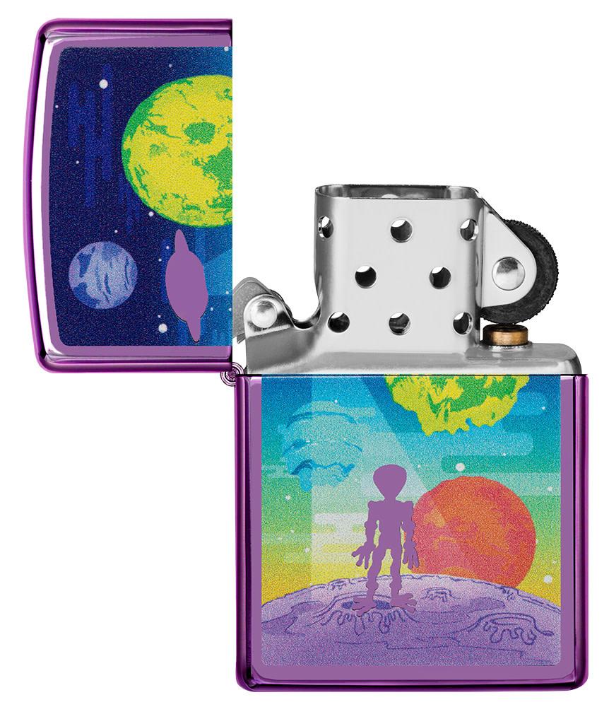 Alien Worlds High Polish Purple Windproof Lighter with its lid open and not lit