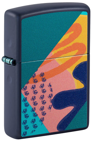Front shot of Retro Pattern Design Navy Matte Windproof Lighter standing at a 3/4 angle.