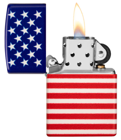 Zippo Stars and Stripes Flag Design 540 Color Matte Windproof Lighter with its lid open and lit.