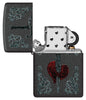 Zippo Heart Dagger Tattoo Design Black Crackle Windproof Lighter with its lid open and unlit.