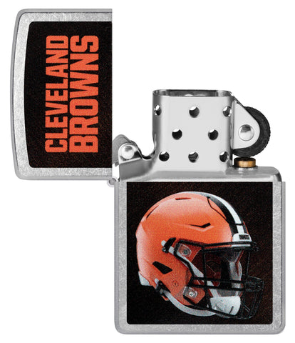 NFL Cleveland Browns Helmet Street Chrome Windproof Lighter with its lid open and unlit.