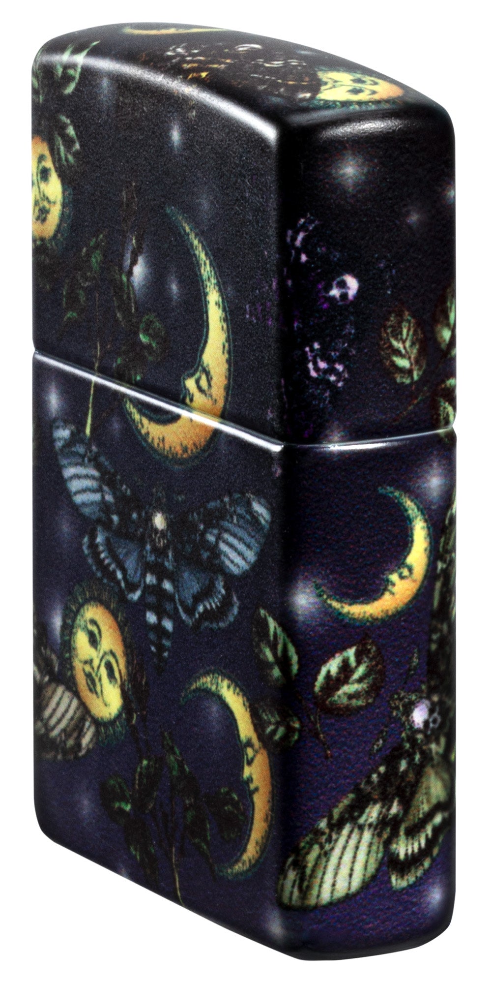Angled shot of Butterfly Skull Design 540 Color Windproof Lighter, showing the front and right side of the lighter.