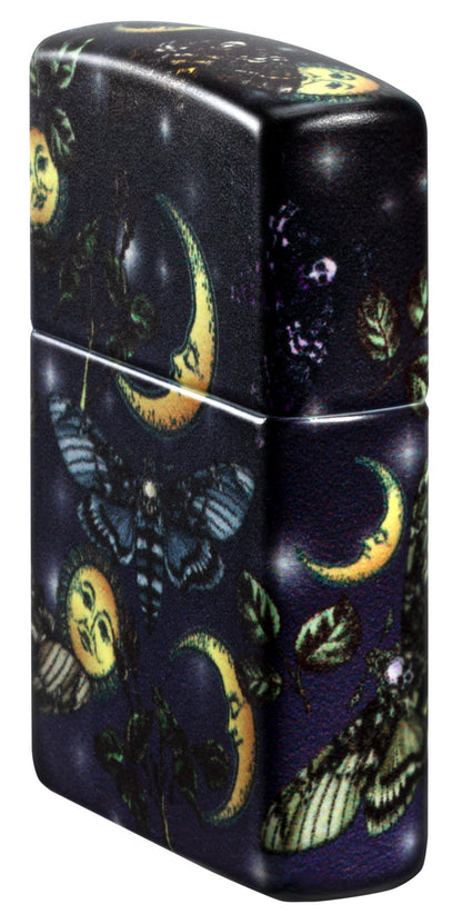 Angled shot of Butterfly Skull Design 540 Color Windproof Lighter, showing the front and right side of the lighter.