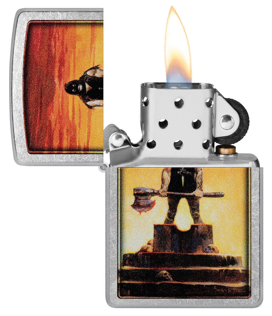 Zippo Frank Frazetta Executioner Street Chrome Executioner with its lid open and lit.