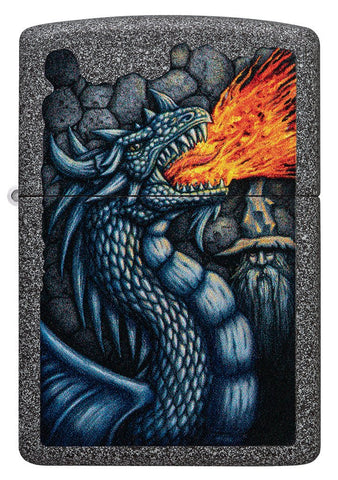 Front shot of Fiery Dragon Design Iron Stone Windproof Lighter.