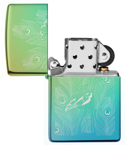 Peacock Design High Polish Teal Windproof Lighter with its lid open and unlit