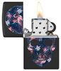 Flamingo Skull Design Black Matte Windproof Lighter with its lid open and lit.