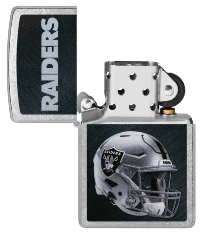 NFL Las Vegas Raiders Helmet Street Chrome Windproof Lighter with its lid open and unlit.