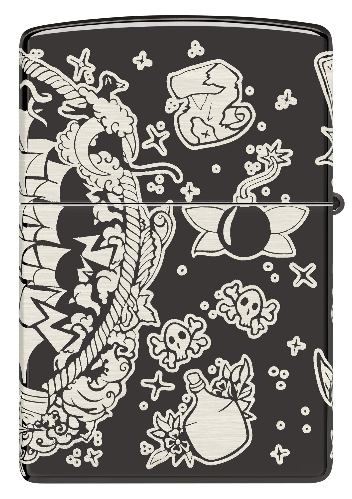 Back shot of Laser 360Â° Pirates Treasure Design High Polish Black Windproof Lighter.
