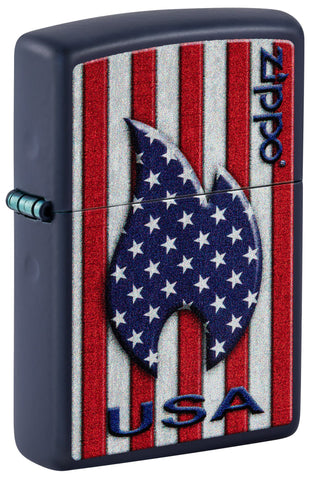 Front shot of Zippo Patriotic Flame Design Navy Matte Windproof Lighter standing at a 3/4 angle.