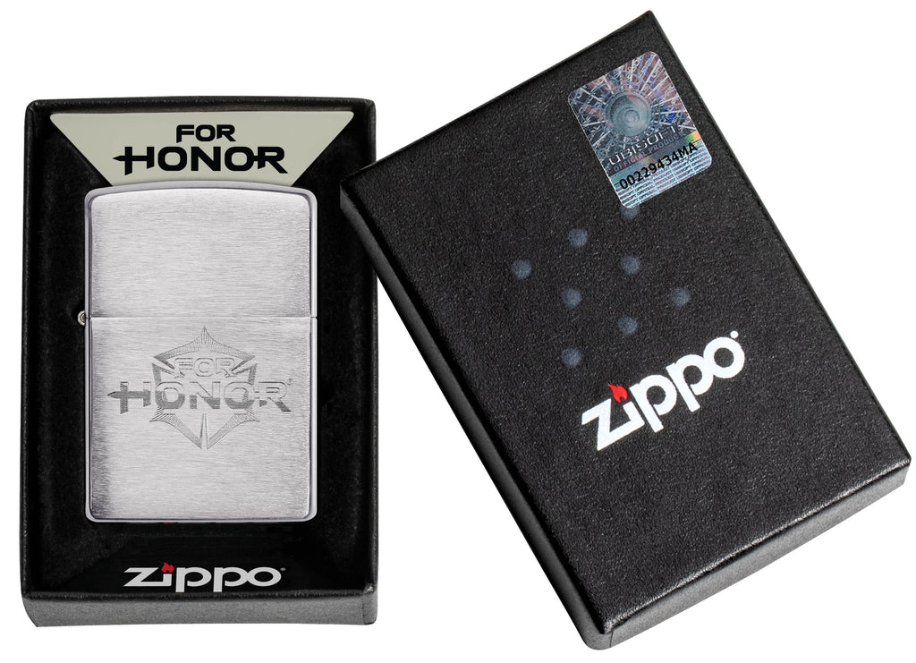 For Honor® Brushed Chrome Windproof Lighter in its packaging