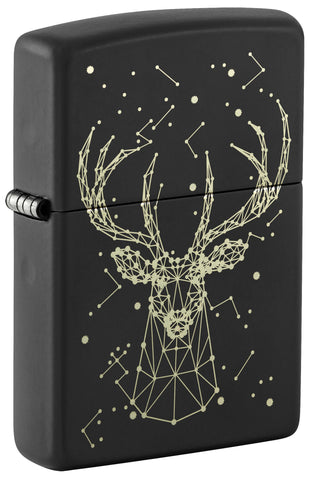 Front shot of Deer Constellation Design Black Matte Windproof Lighter standing at a 3/4 angle.