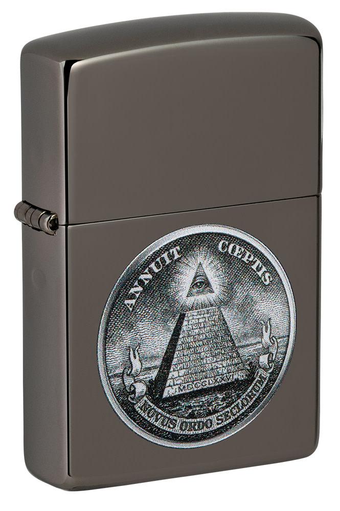 Front shot of Dollar Design Black Ice Windproof Lighter standing at a 3/4 angle