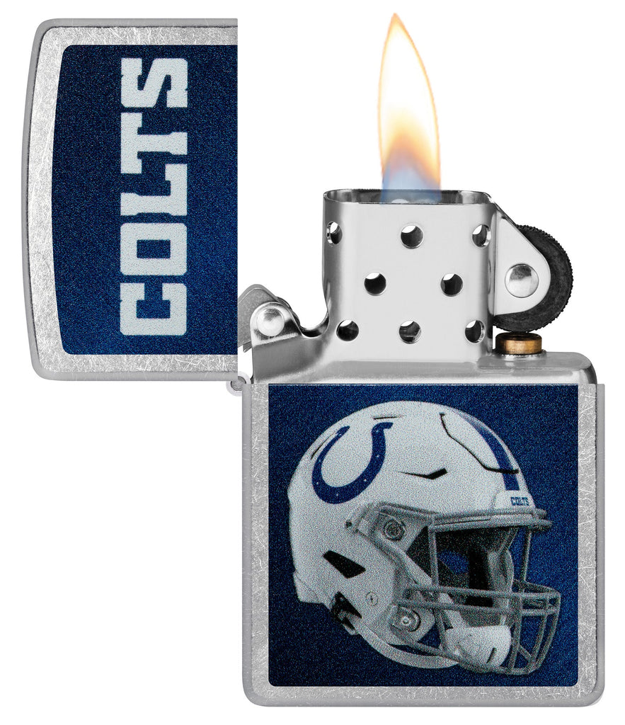 NFL Indianapolis Colts Helmet Street Chrome Windproof Lighter with its lid open and lit.