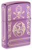 Back shot of Zippo Anne Stokes Laser 360 High Polish Purple Windproof Lighter standing at a 3/4 angle.