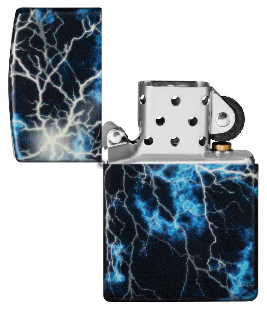 Zippo Lightning Design Glow in the Dark 540 Color Windproof Lighter with its lid open and unlit.