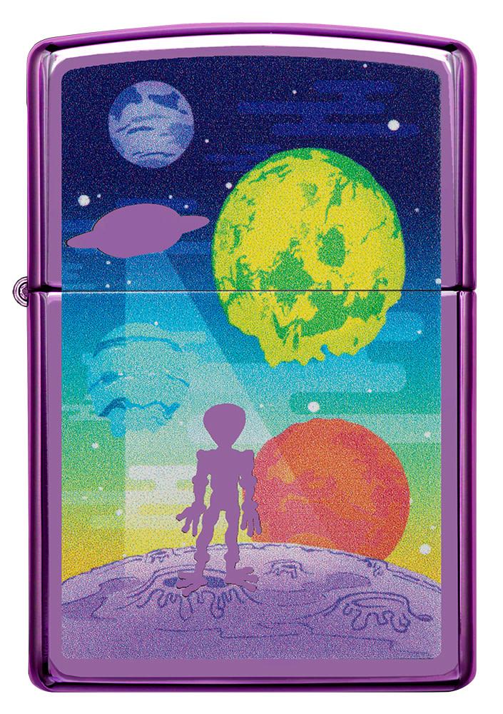 Front view of Alien Worlds High Polish Purple Windproof Lighter