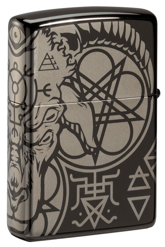 Back view of Occult Design High Polish Black Windproof Lighter standing at a 3/4 angle.